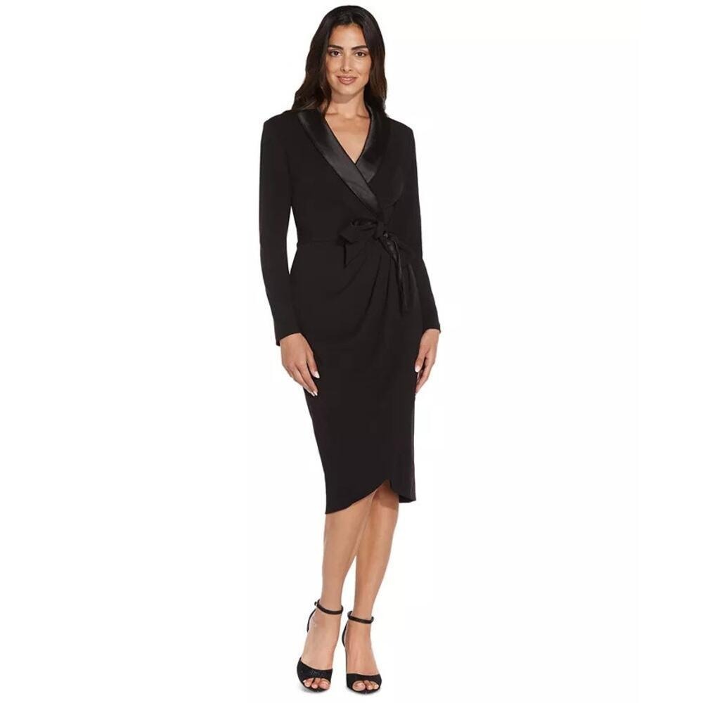 Adrianna Papell Tuxedo Faux Wrap Dress Women 8 Black Satin Lapel Knit Crepe